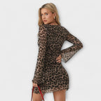 Leopard Print Mesh Dress with Bell Sleeves