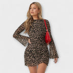 Leopard Print Mesh Dress with Bell Sleeves