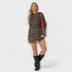 Leopard Print Mesh Dress with Bell Sleeves