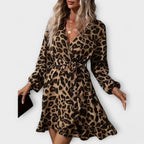 Stylish Dress with Leopard Print, V-Neck, and Tie Belt